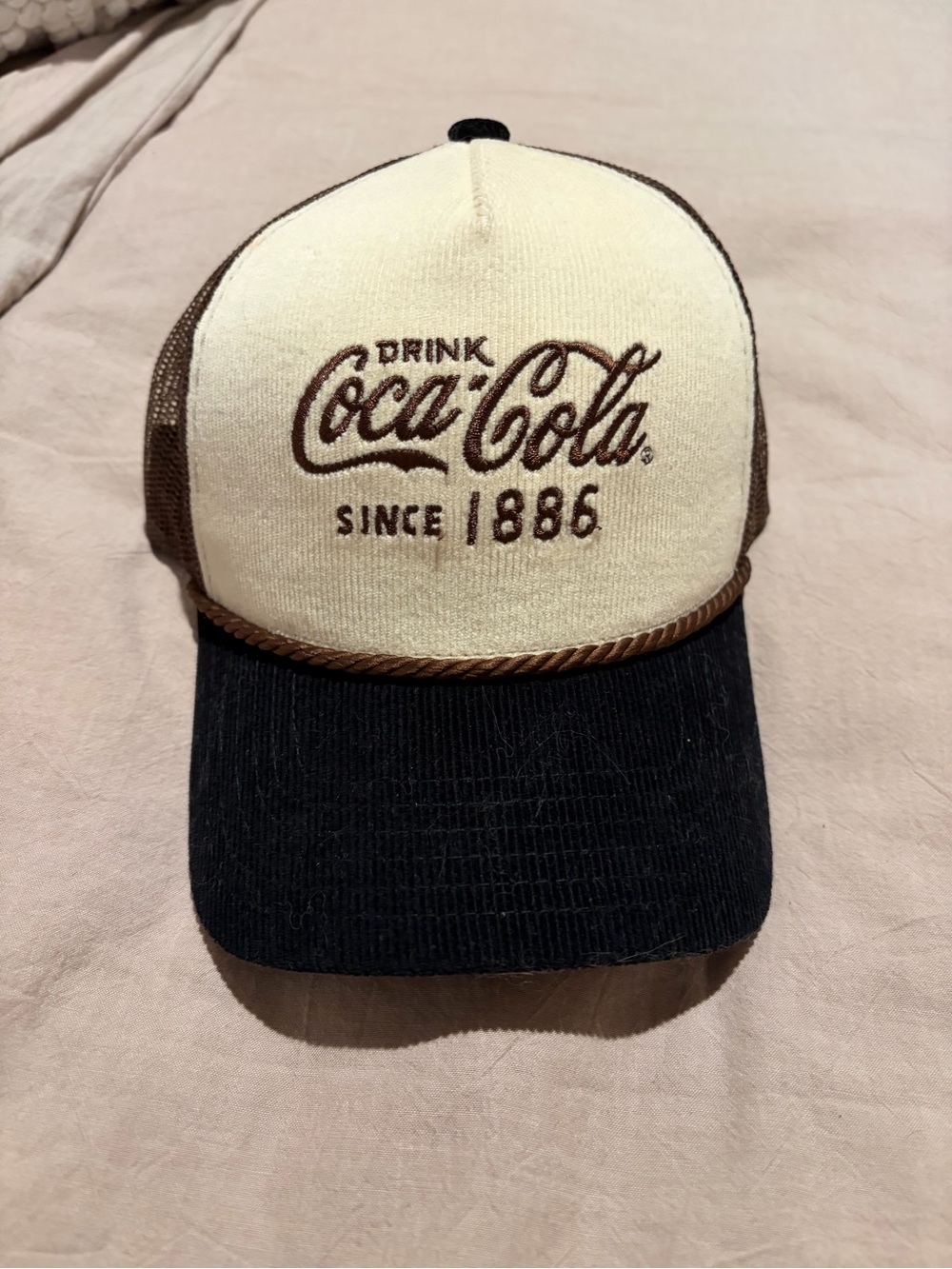 Coca Cola Two-Tone Trucker Hat in Cream, Black & Brown